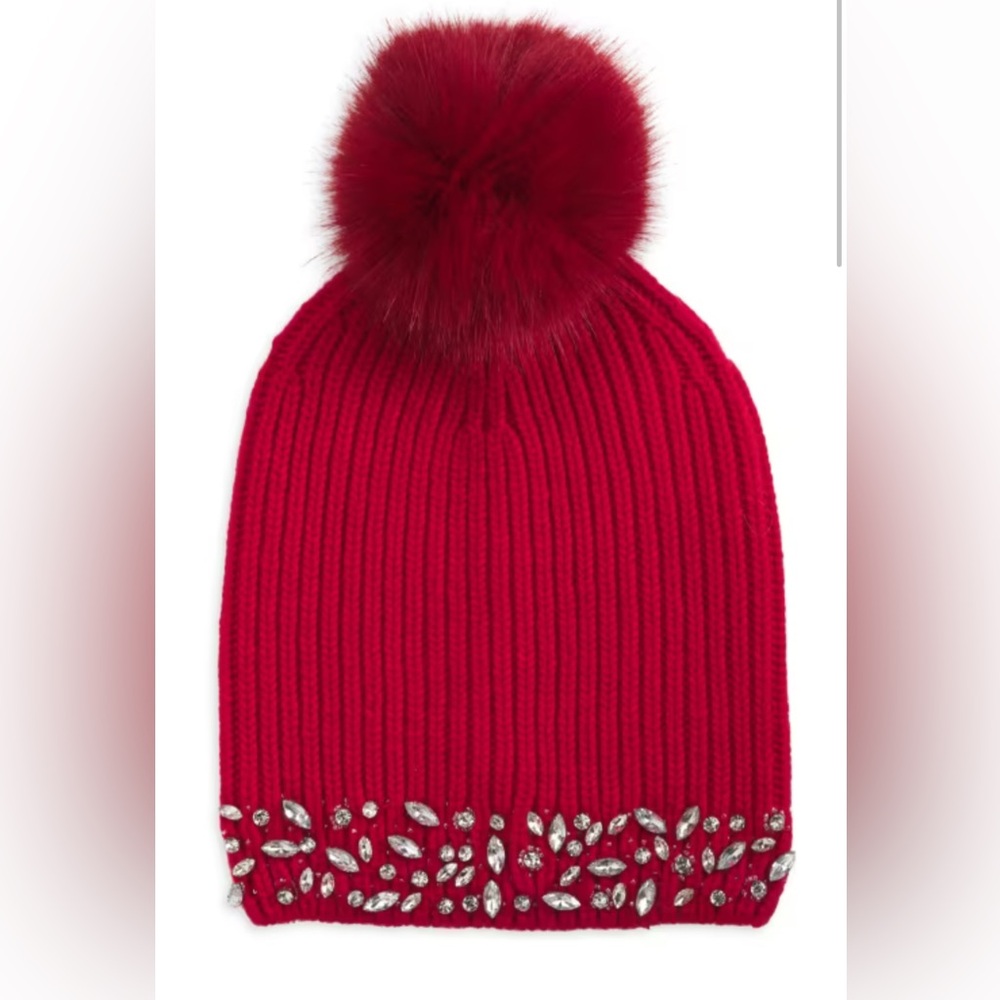 ADRIENNE LANDAU The Scarlett Embellished & Faux Fur Trim Wool Beanie